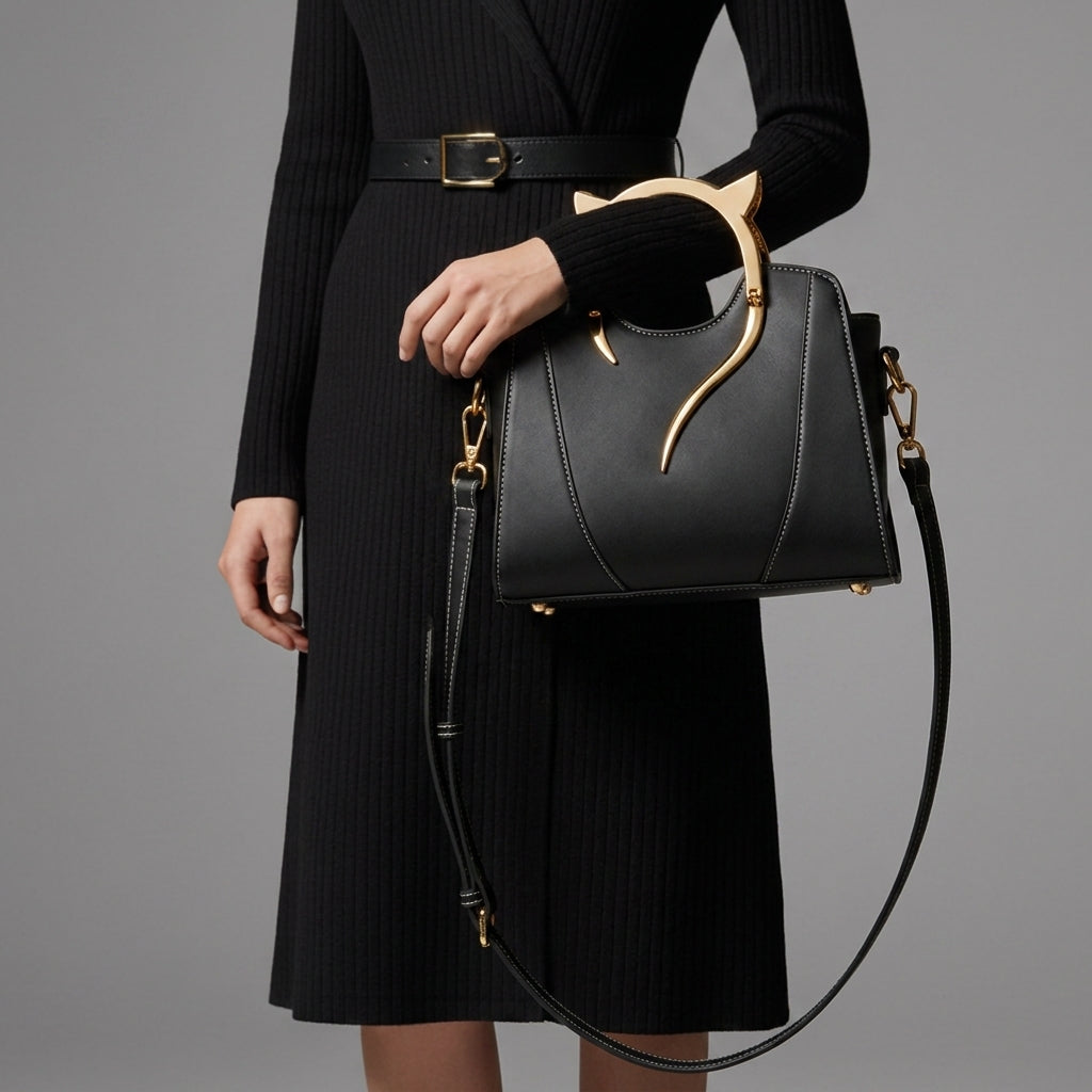 Structured Handbag with Cat Ear Detail and Gold Tone Hardware – Maribel