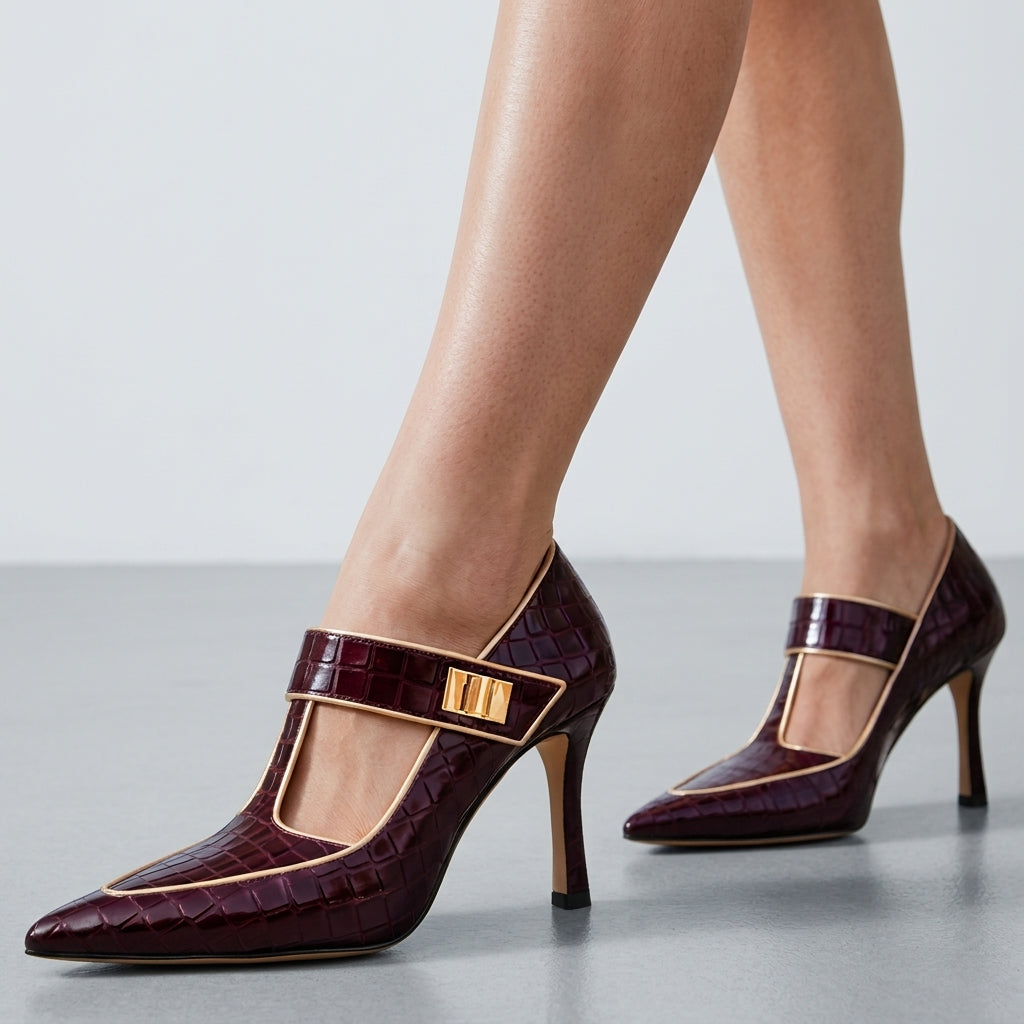 Women's Pointed Toe High Heel T-Strap Shoes Faux Patent Leather – Marielle