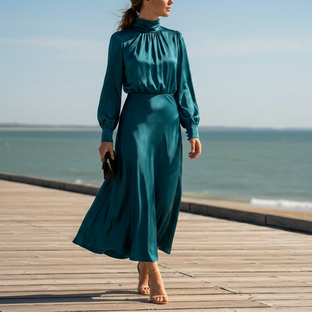 Women's Satin High Neck Midi Dress High Waist Silhouette – Celeste