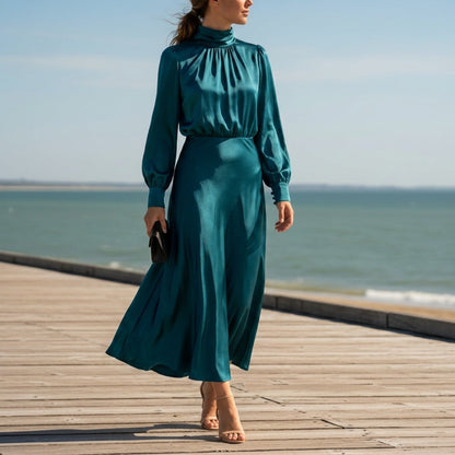 Women's Satin High Neck Midi Dress High Waist Silhouette – Celeste