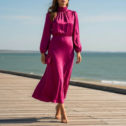 Women's Satin High Neck Midi Dress High Waist Silhouette – Celeste
