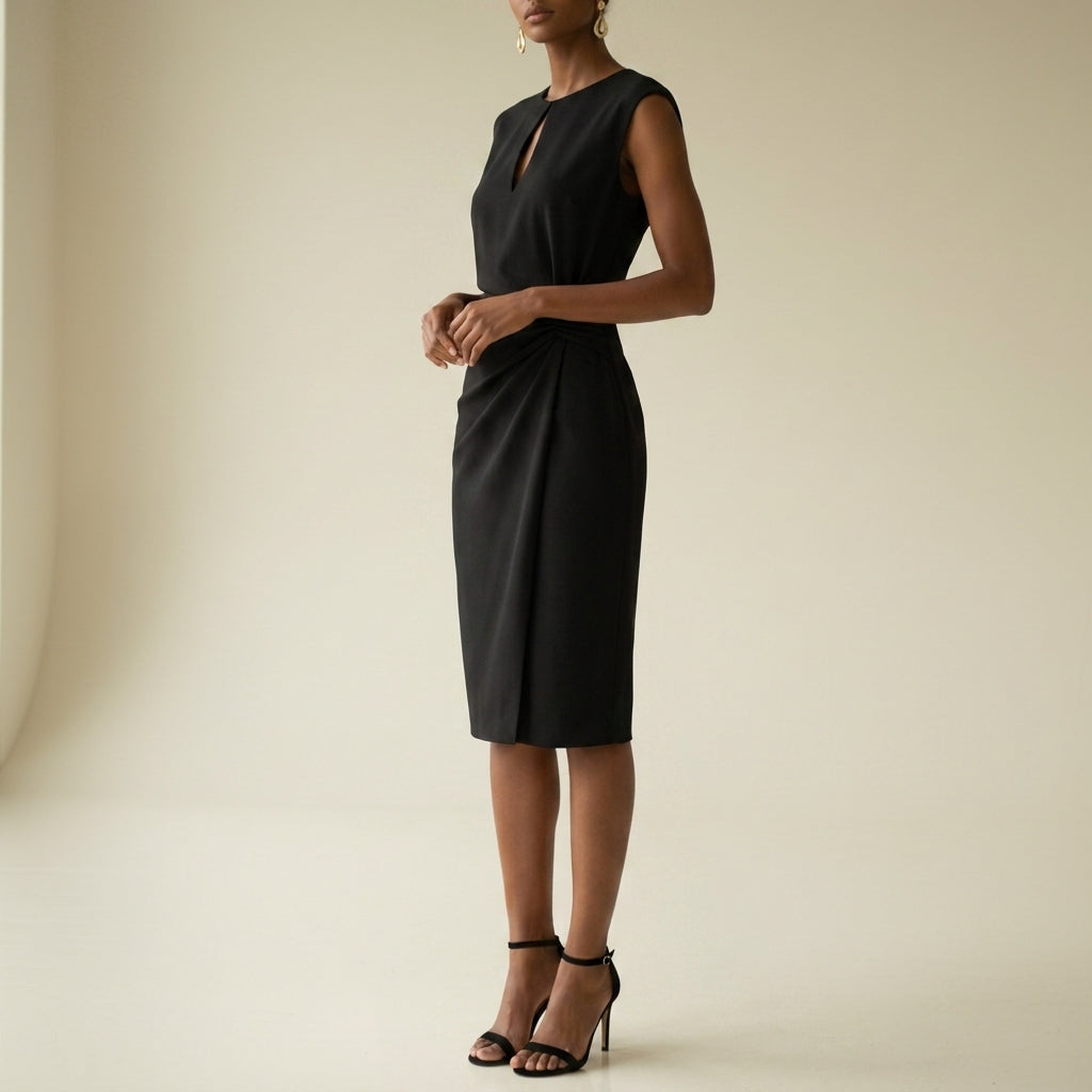 Women's Keyhole Ruched Midi Dress Polyester Blend Elegant Fit – Elara