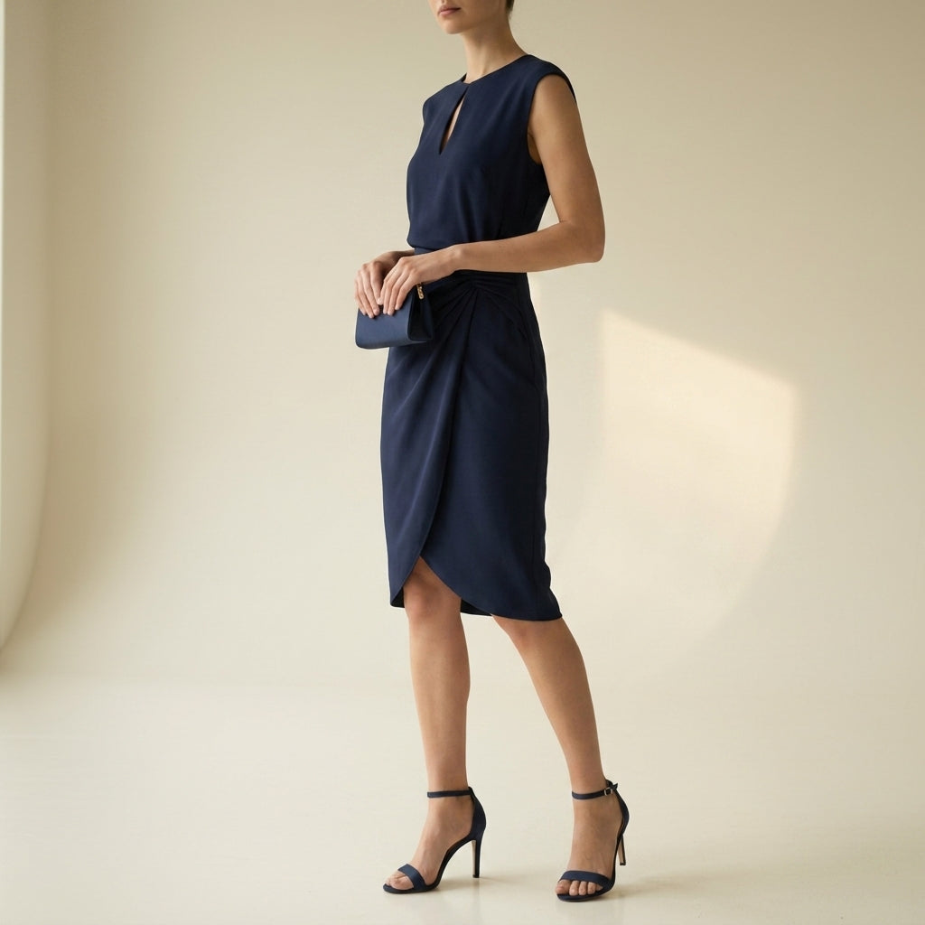 Women's Keyhole Ruched Midi Dress Polyester Blend Elegant Fit – Elara