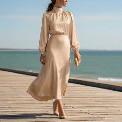 Women's Satin High Neck Midi Dress High Waist Silhouette – Celeste