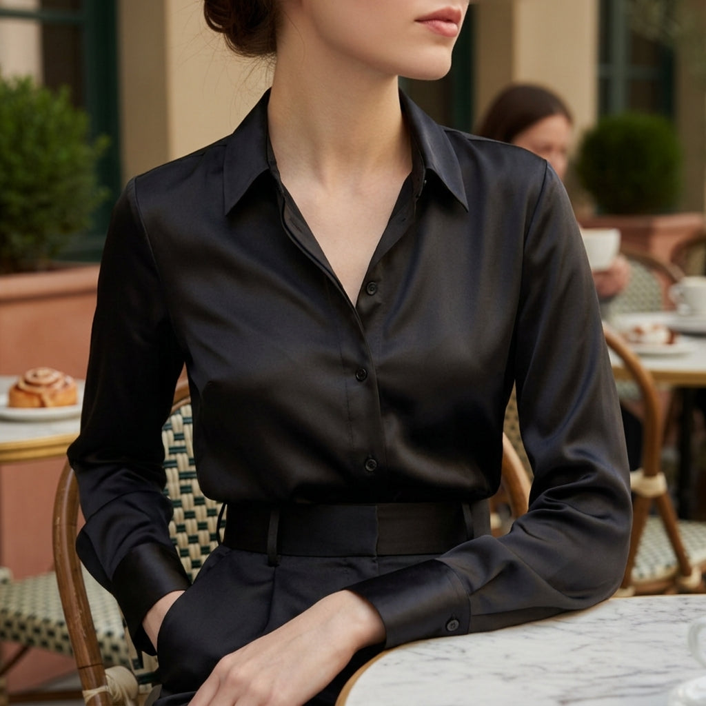 Women's Satin Long Sleeve Blouse Polished Fluid Drape – Celeste