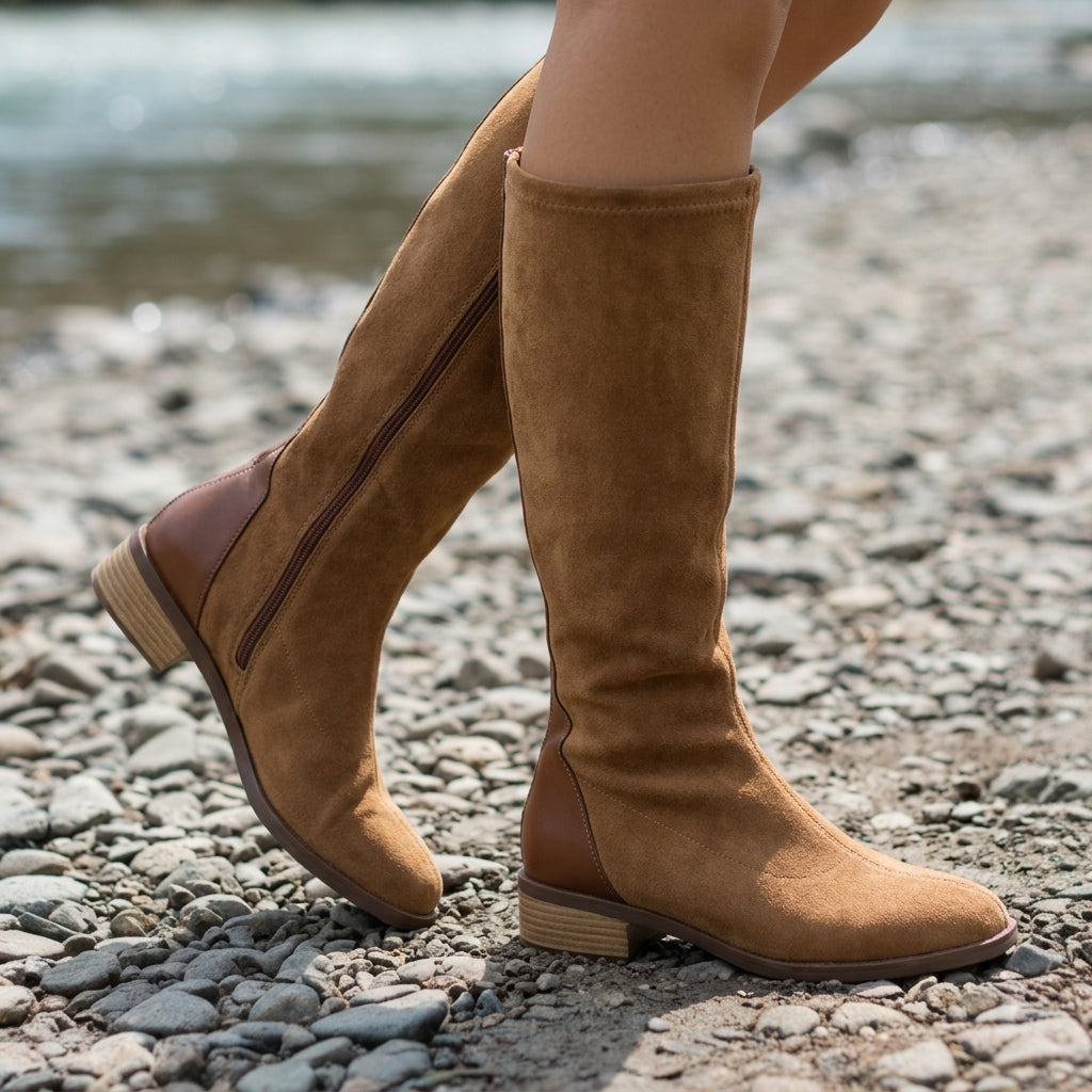 Women's Faux Suede Knee-High Boots Camel Block Heel – Elara