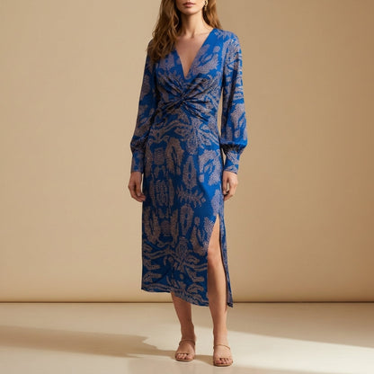 Women's Polyester Blend Midi Dress Twist Front Elegant Silhouette – Celeste