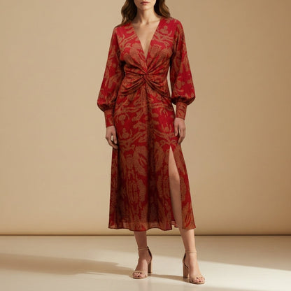Women's Polyester Blend Midi Dress Twist Front Elegant Silhouette – Celeste