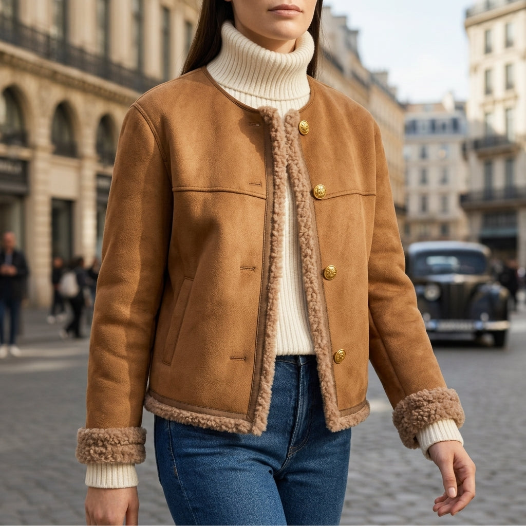 Women's Faux Suede Shearling Trim Jacket – Elara