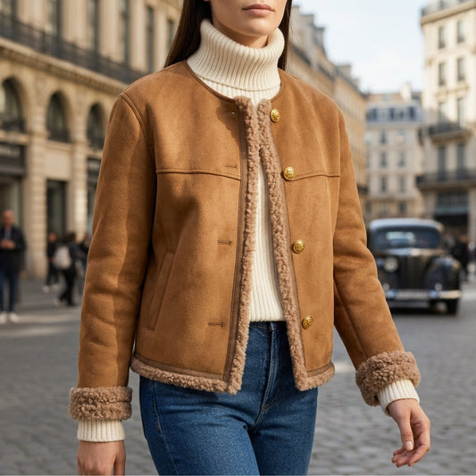 Women's Faux Suede Shearling Trim Jacket – Elara