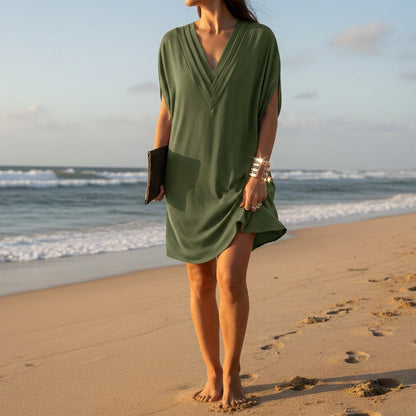 Women's V-Neck Batwing Cotton Blend Dress Tummy Covering – Elara