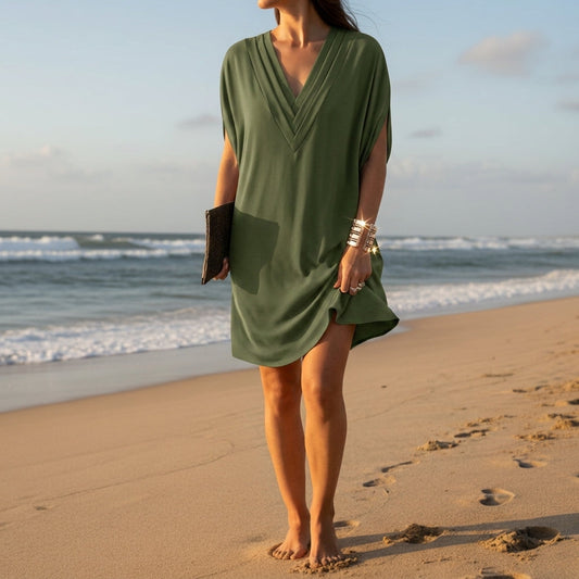 Women's V-Neck Batwing Cotton Blend Dress Tummy Covering – Elara