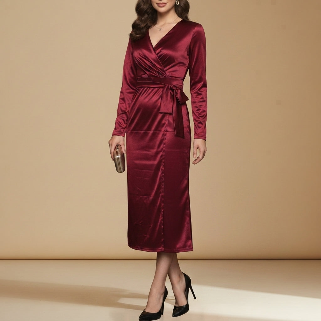 Women's Satin Wrap Midi Dress in Burgundy – Virelle