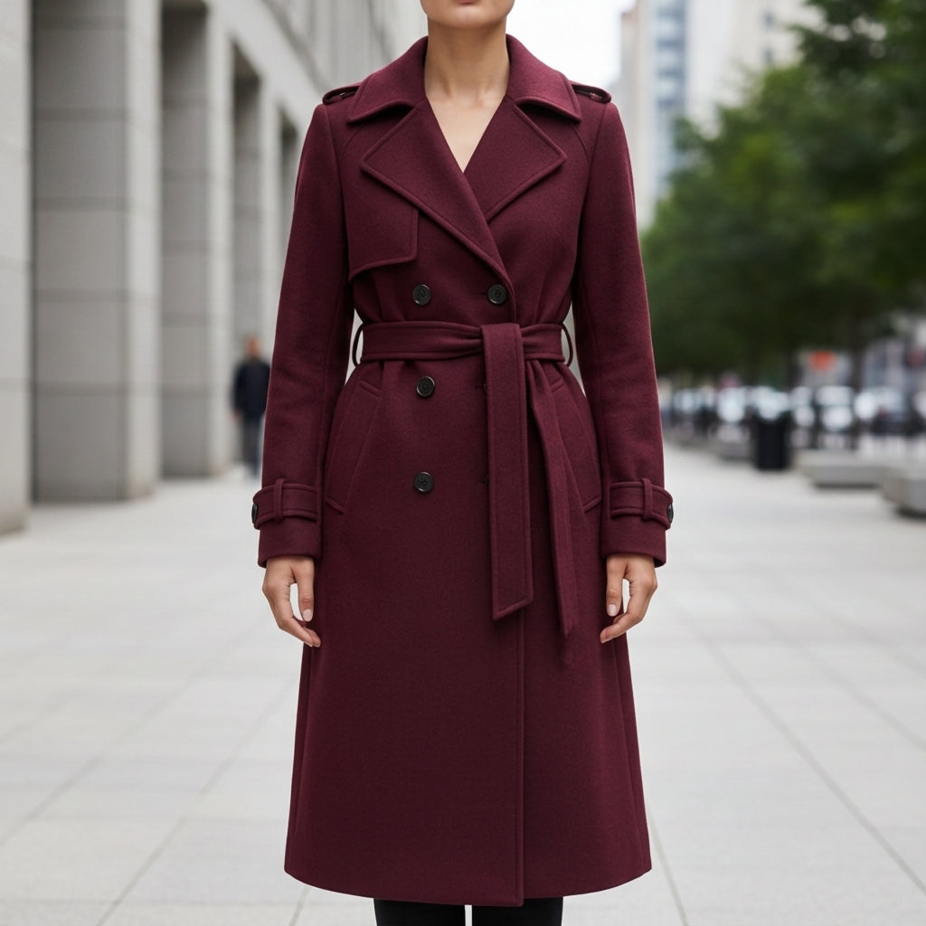 Women's Wool Trench Coat Belted Structured Burgundy – Valentina