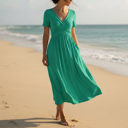 Women's Wrap V-Neck Midi Dress Stretch Blend Tummy Coverage – Elara