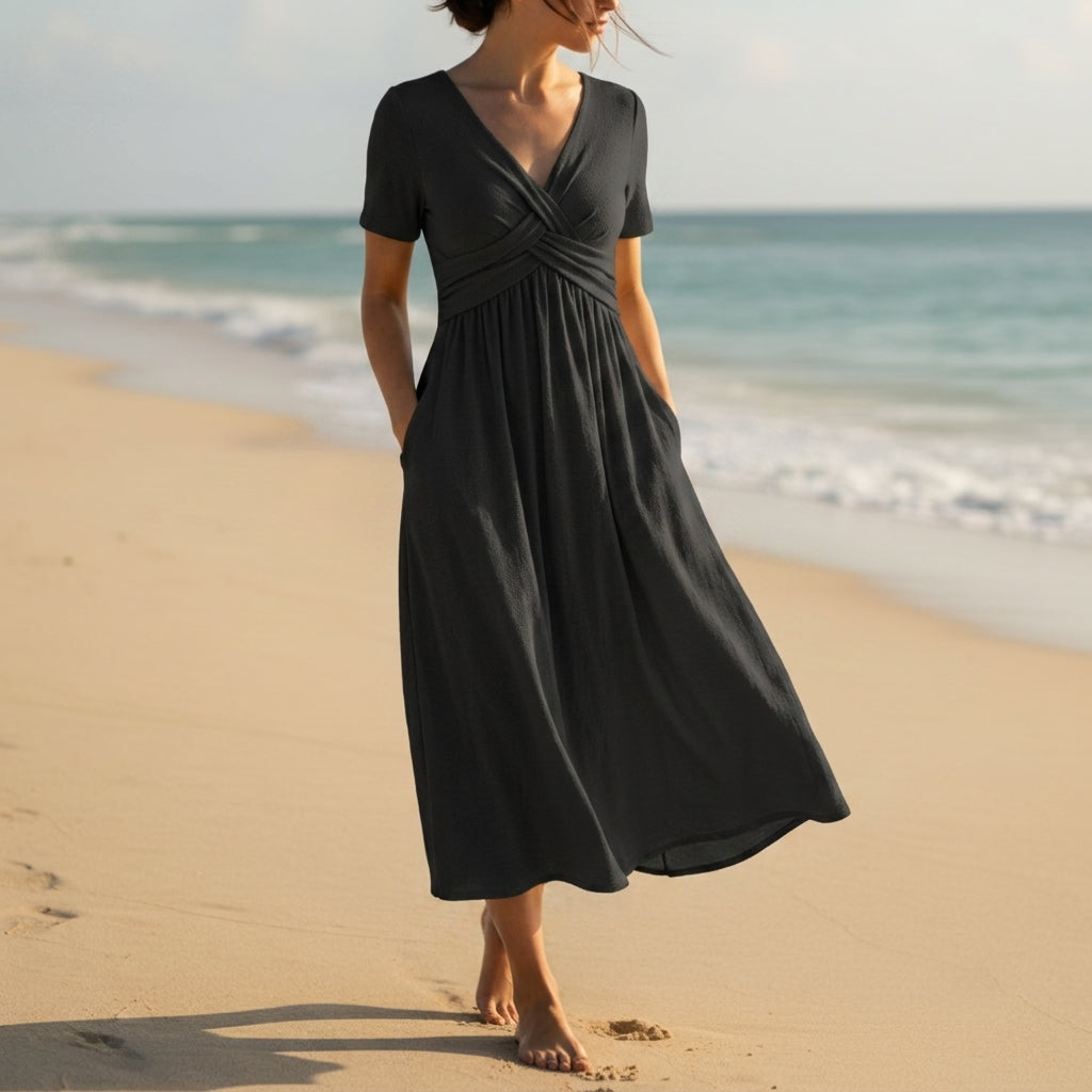 Women's Wrap V-Neck Midi Dress Stretch Blend Tummy Coverage – Elara
