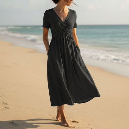 Women's Wrap V-Neck Midi Dress Stretch Blend Tummy Coverage – Elara