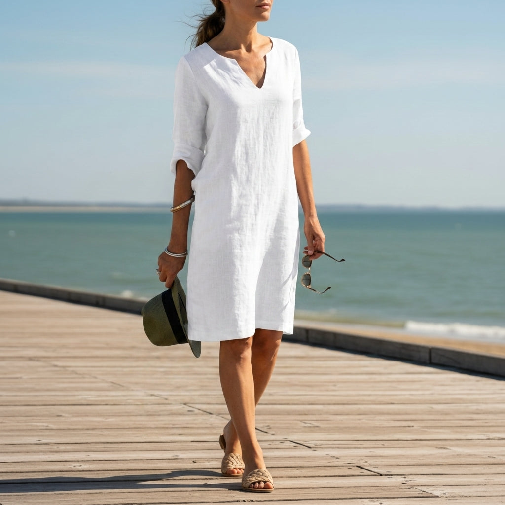 Women’s Cotton Blend V-Neck Dress Relaxed Fit – Elara