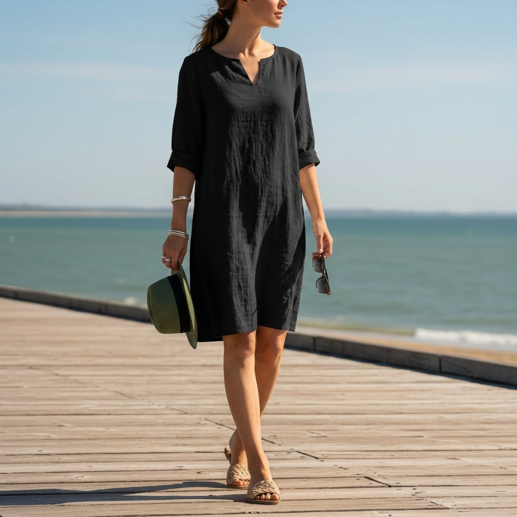 Women’s Cotton Blend V-Neck Dress Relaxed Fit – Elara