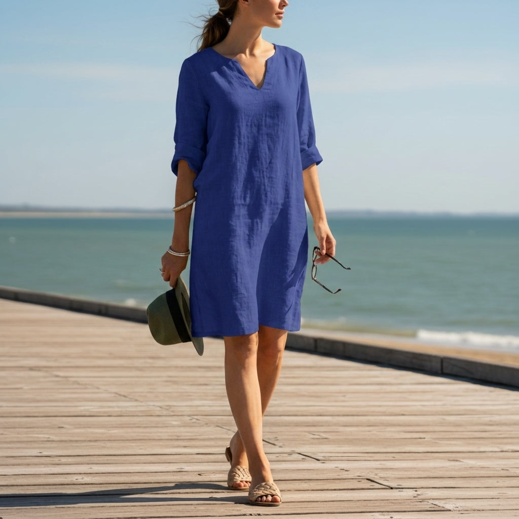 Women’s Cotton Blend V-Neck Dress Relaxed Fit – Elara