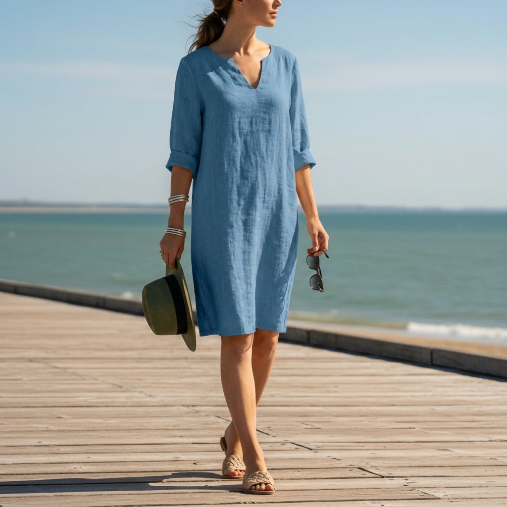 Women’s Cotton Blend V-Neck Dress Relaxed Fit – Elara