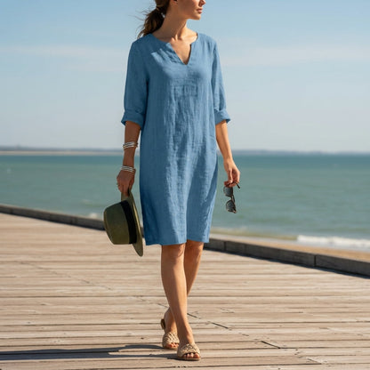 Women’s Cotton Blend V-Neck Dress Relaxed Fit – Elara