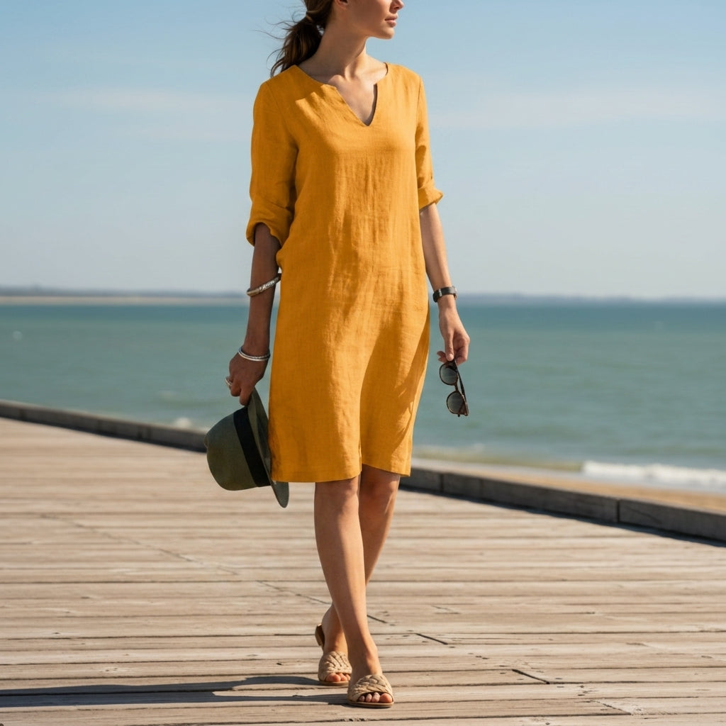 Women’s Cotton Blend V-Neck Dress Relaxed Fit – Elara