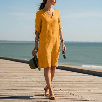Women’s Cotton Blend V-Neck Dress Relaxed Fit – Elara
