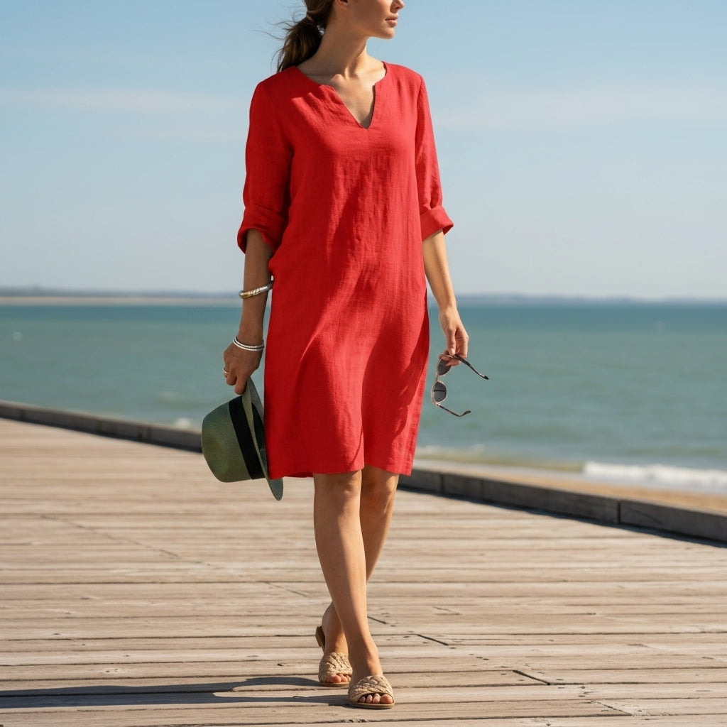 Women’s Cotton Blend V-Neck Dress Relaxed Fit – Elara