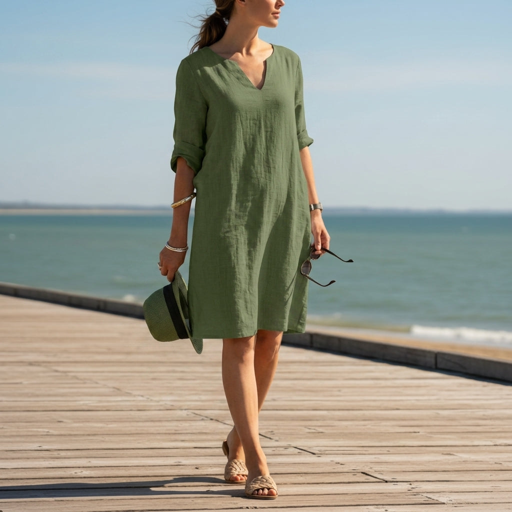Women’s Cotton Blend V-Neck Dress Relaxed Fit – Elara