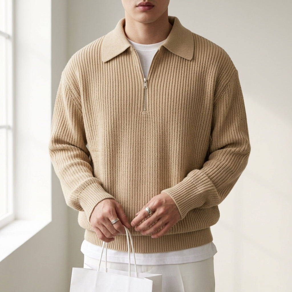Quarter Zip Polo Sweater Soft Blend Ribbed Finish – Calder