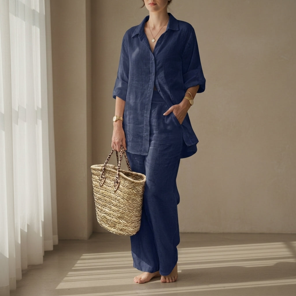 Linen Blend Shirt Trouser Set Relaxed Tailored Fit – Elara