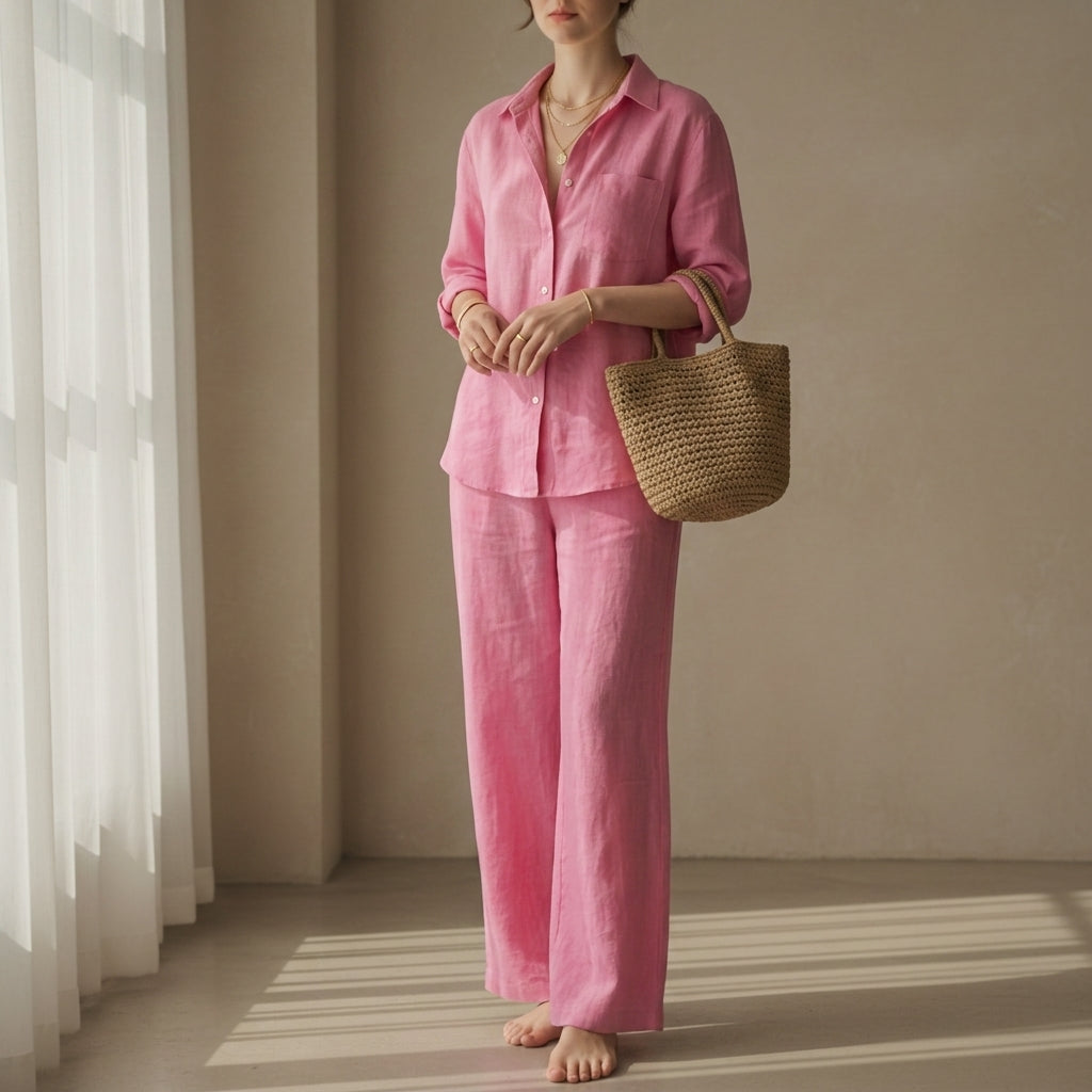 Linen Blend Shirt Trouser Set Relaxed Tailored Fit – Elara