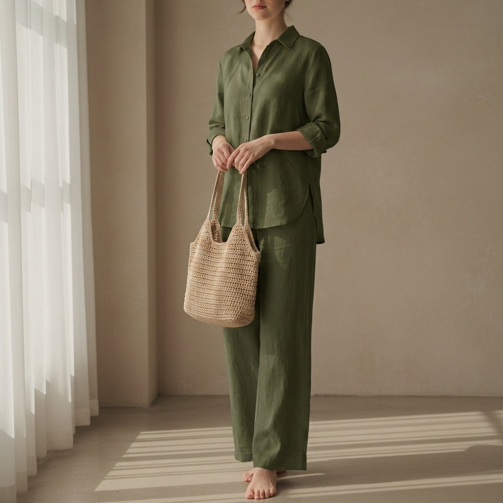 Linen Blend Shirt Trouser Set Relaxed Tailored Fit – Elara