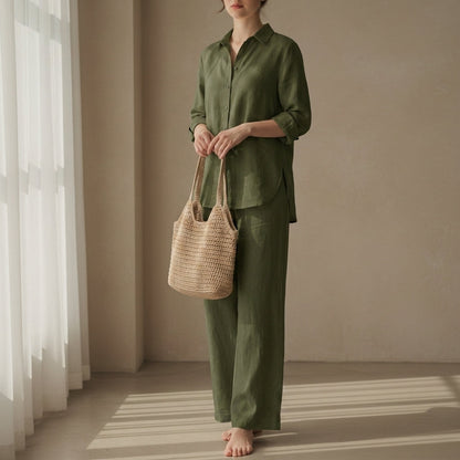 Linen Blend Shirt Trouser Set Relaxed Tailored Fit – Elara