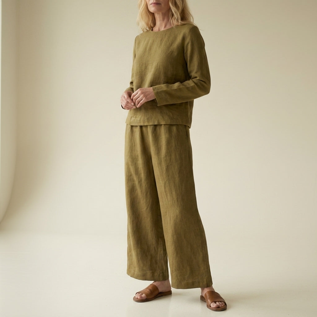 Women’s Linen Blend Wide-Leg Two-Piece Set Relaxed Fit – Elara