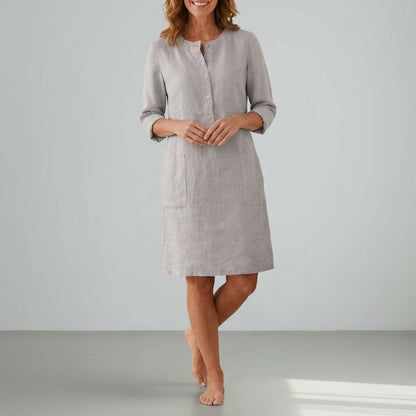 Linen Blend Shift Dress Relaxed Fit Button Front – Elara