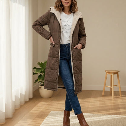 Women's Sherpa-Lined Long Puffer Coat With Hood – Elara