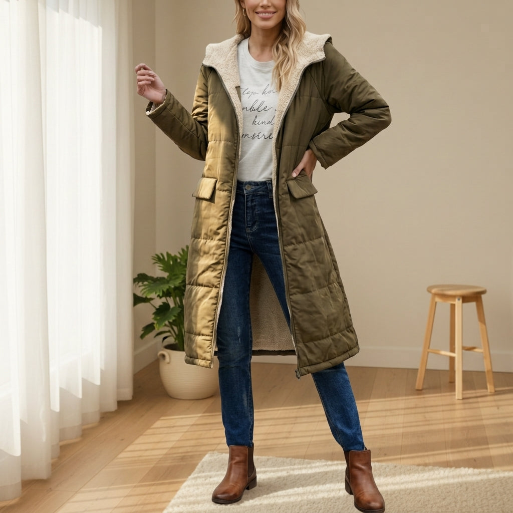 Women's Sherpa-Lined Long Puffer Coat With Hood – Elara