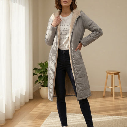 Women's Sherpa-Lined Long Puffer Coat With Hood – Elara