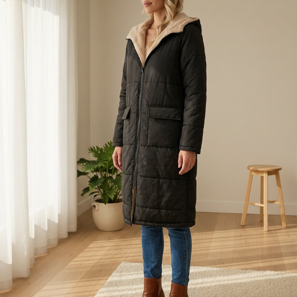Women's Sherpa-Lined Long Puffer Coat With Hood – Elara