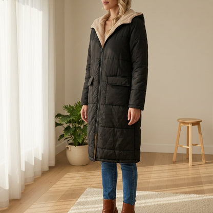 Women's Sherpa-Lined Long Puffer Coat With Hood – Elara