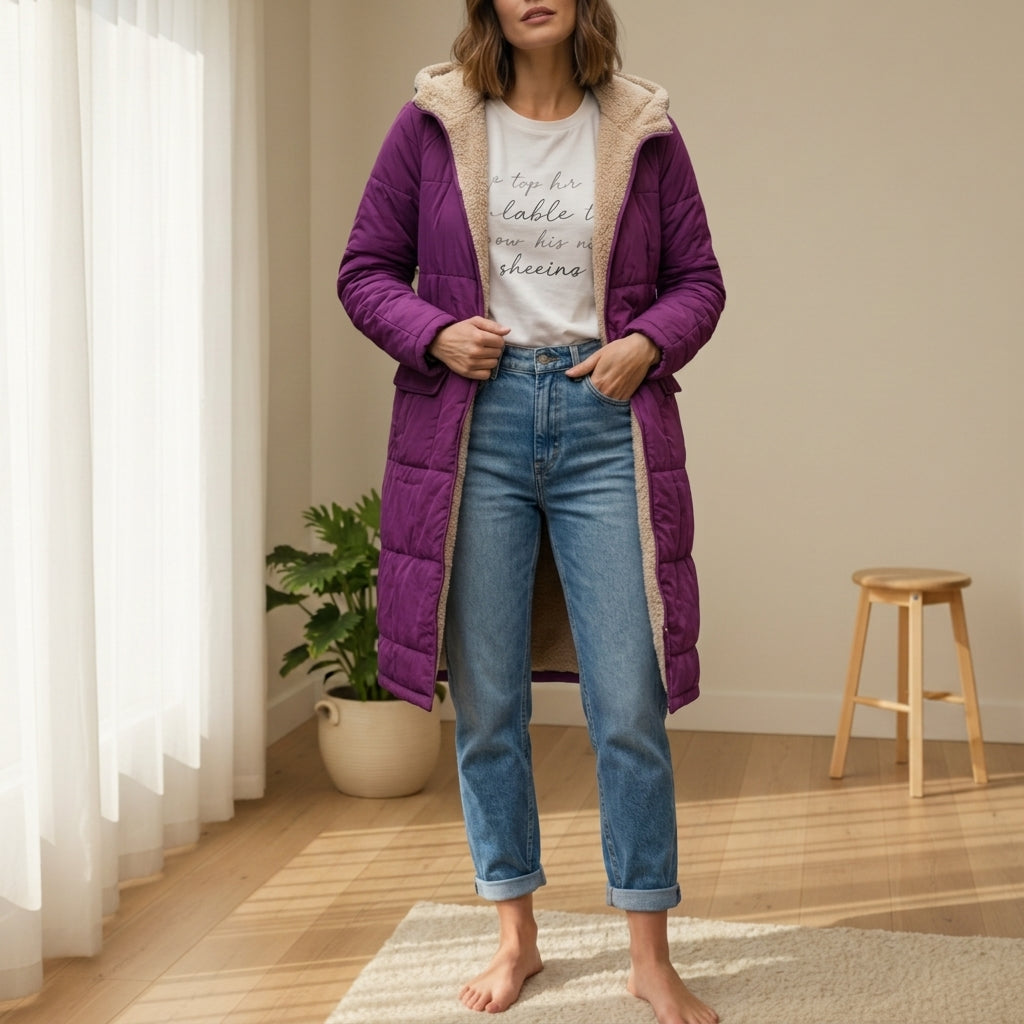 Women's Sherpa-Lined Long Puffer Coat With Hood – Elara