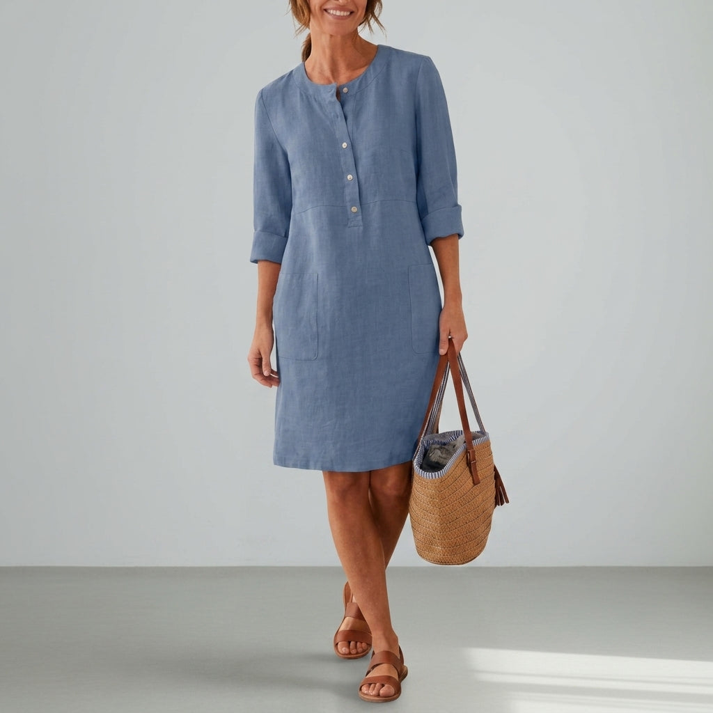 Linen Blend Shift Dress Relaxed Fit Button Front – Elara