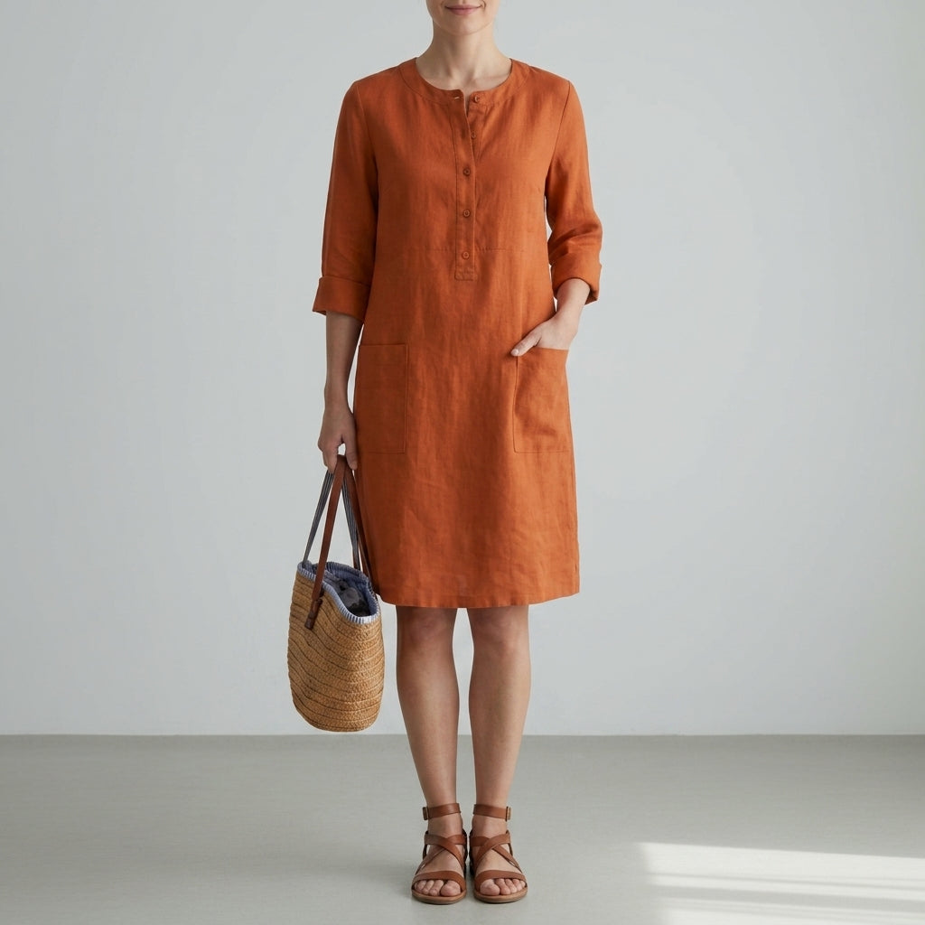 Linen Blend Shift Dress Relaxed Fit Button Front – Elara