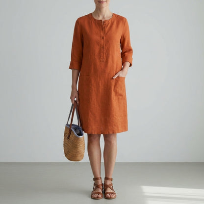 Linen Blend Shift Dress Relaxed Fit Button Front – Elara