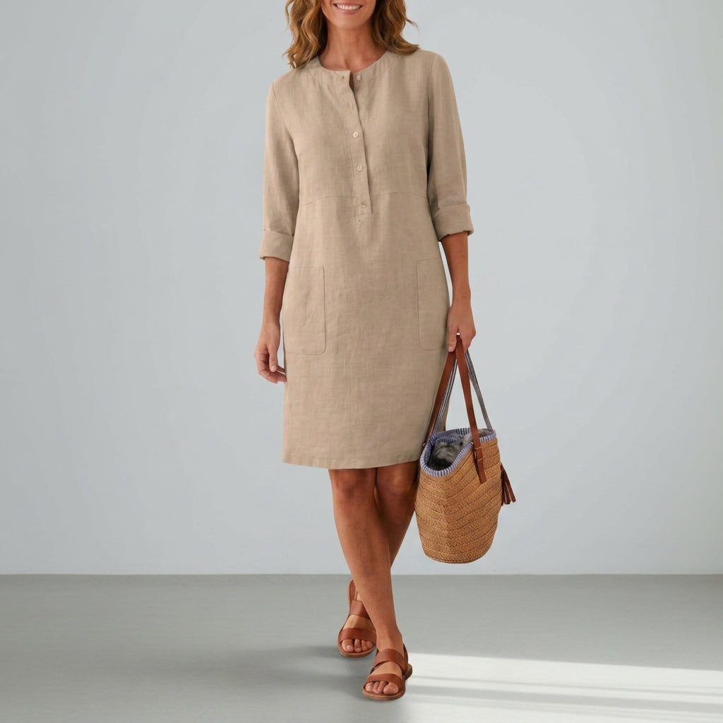 Linen Blend Shift Dress Relaxed Fit Button Front – Elara