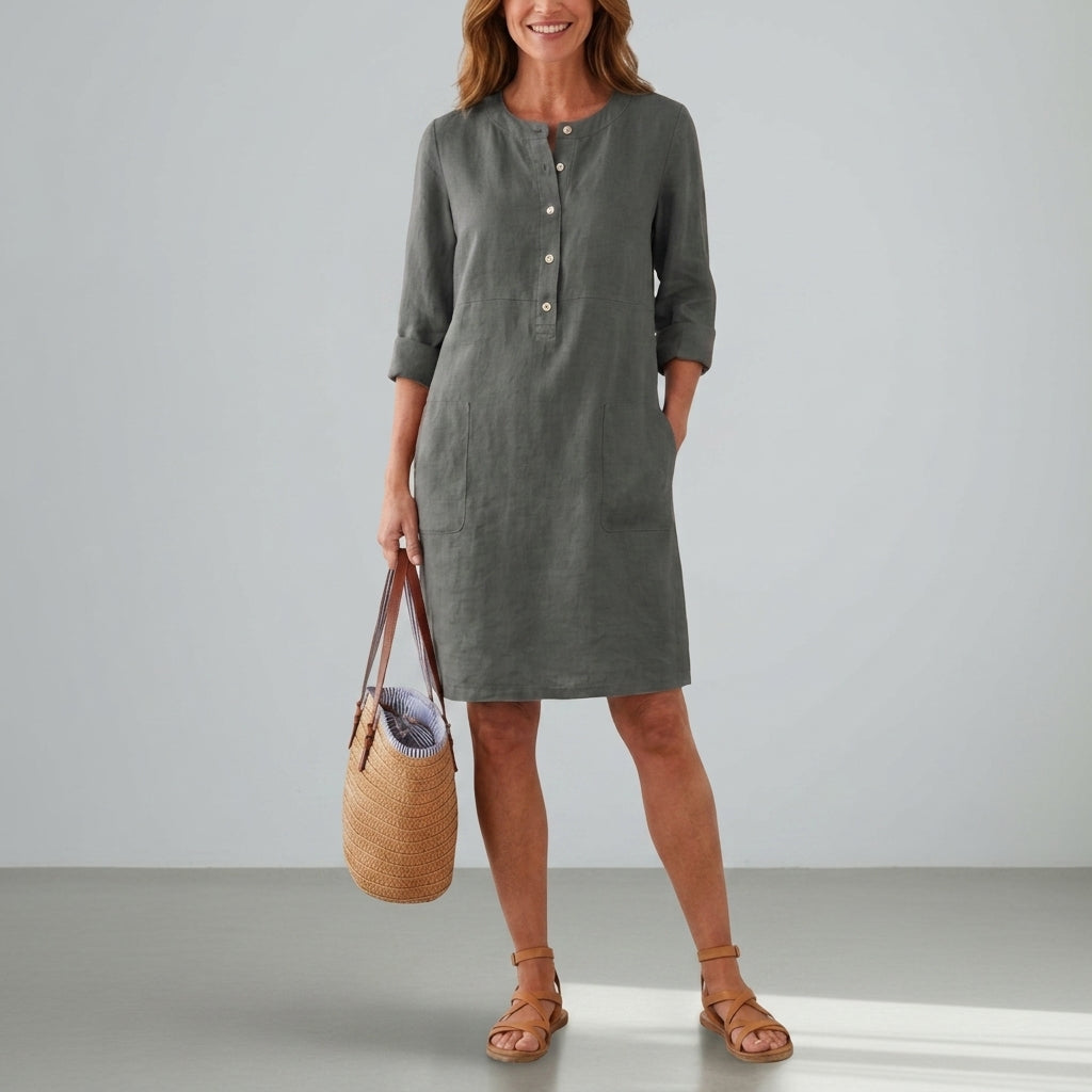 Linen Blend Shift Dress Relaxed Fit Button Front – Elara