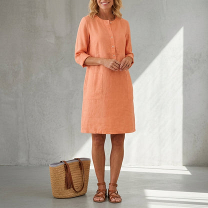 Linen Blend Shift Dress Relaxed Fit Button Front – Elara