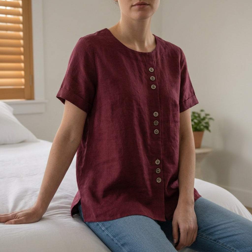 Linen Blend Button Front Top Relaxed Fit – Elara